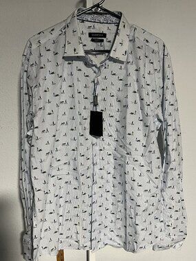 NWT Bugatchi Shaped-Fit All-Over Pet-Walking Print Long-Sleeve Button-Up SZ XL